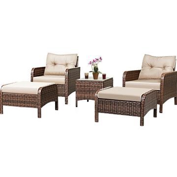 Goplus Costway 5 PCS Rattan Wicker Furniture Set Sofa Ottoman with Brown Cushion for Patio, Garden, Yard
