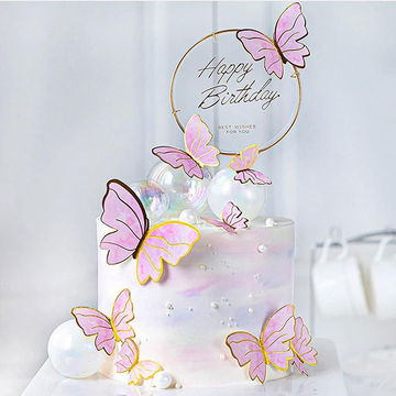 22Pcs Pink Butterfly Cake Toppers with1Pcs Acrylic Happy Birthday Gold