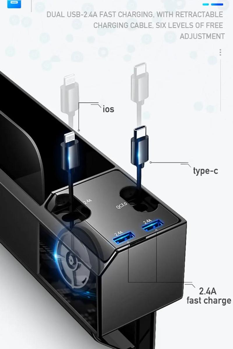 Description Picture 6 of itemCar Seat Gap Organizer with Dual USB Charger - Cable for iOS/Android/Type C, Auto Storage Box