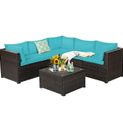 Goplus 6PCS Patio Rattan Furniture Set, Sectional Cushioned Sofa Deck, Turquoise