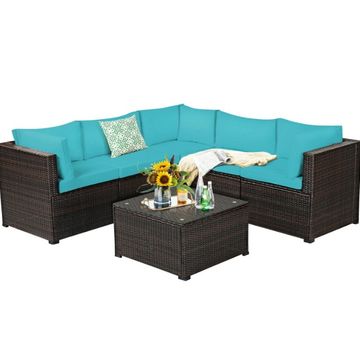 Goplus 6PCS Patio Rattan Furniture Set, Sectional Cushioned Sofa Deck, Turquoise