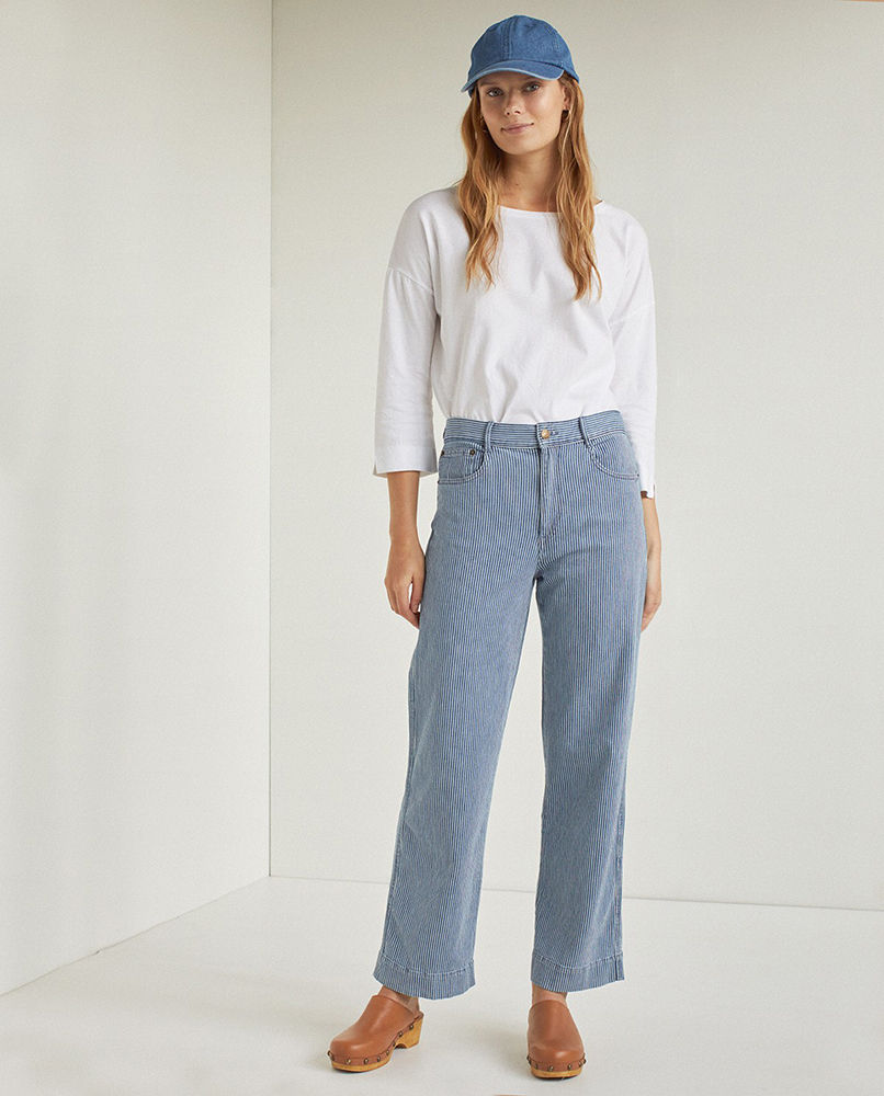 WIDE-LEGGED STRIPED DENIM TROUSERS