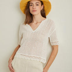 100% COTTON SHORT-SLEEVE CROCHET SWEATER NATURAL