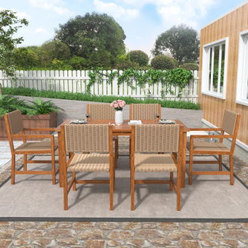 Acacia Wood And Rattan Outdoor Dining Table And Chairs For 6 People, Suitable For Courtyard,Patio, Balcony