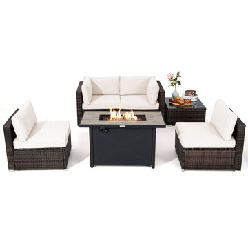 Goplus 6PCS Patio Furniture Set Rattan Cushioned, Gas Fire Pit Table Off, White