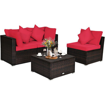 Goplus 4PCS Patio Rattan Wicker Sofa Furniture Set Cushioned Conversation Ottoman Set