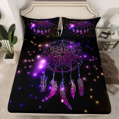 Dreamcatcher Fitted Sheet Boho Mandala Bedding Set with 2 Pillowcases Purple Dream Catcher  Bed Sheet Set Bedding Elastic Pocket