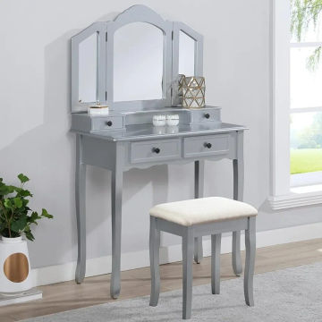 Wooden Vanity | Make Up Table and Stool Set | Silver Freight Free Dresser With Mirror Dressing Furniture Makeup Bedroom Home