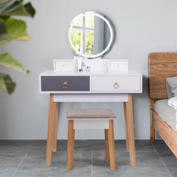 Modern design bedroom dressing table, makeup table with three color dimmable lighting mirror and stool, cosmetics storage table