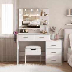Maupvit Vanity Desk with Mirror and Lights, White Vanity with Bedside Table, 5 Drawers Large Capacity, Metal Silver Handle