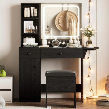 IRONCK-Vanity Desk with LED Lighted Mirror, Power Outlet, Makeup Table with Drawers