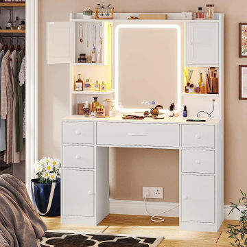 Large Vanity Desk with Mirror LED Makeup Vanity with Drawers & Charging Station for indoor bedroom furniture