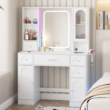 Large Vanity Desk with Mirror LED Makeup Vanity with Drawers & Charging Station