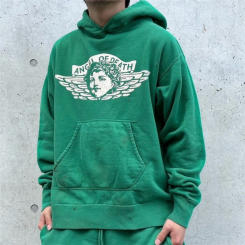 2024 new High quality angel of death print vintage Green hoodie for men Harajuku sweater damaged Loose Cotton Pants Clothes