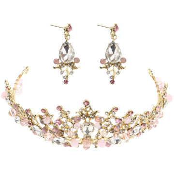 Wedding Tiara Crown Headband Rhinestone Crystal Decor Headband for Women Girls (Pink, Random Earrings)