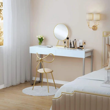 GreenForest Vanity Desk with 2 Drawers Glossy White 47 inch Modern Home Office Computer Writing Desk Makeup Dressing Table with