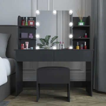 Vanity Set with LED Lighted Mirror, Large Vanity Dressing Table with Cushioned Stool