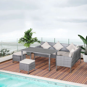 Modern Outdoor 5 Piece  L-Shaped Sectional Sofa with 2 Loveseats, 2 Ottoman Chairs and Dining Table,Cushions,Throw Pillows