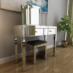 Mirrored Makeup Dressing Table W/Cushioned Stool Silver Vanity Table Set W/2 Drawer Writing Desk for Home Office