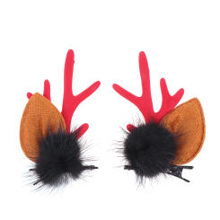 2PCS Plush Antler with Black Pompon Hair Clips Christmas Fluffy Ball Barrettes Hair Decoration for Kids Party Girls