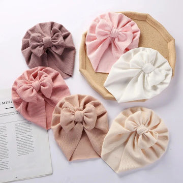 Solid Color Turban Hats Cute Cotton Textured Ribbed Bow Topknot Cap Soft Hospital Headwraps Toddler