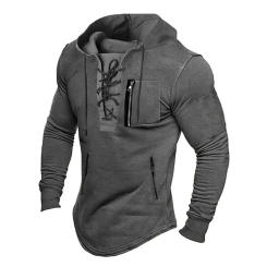 Men's Fall Tops Lace Up Drawstring Solid Color Long Sleeve Zipper Pocket Pullover Streetwear Men's Hoodie