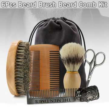 6Pcs Beard Brush Set Double-sided Styling Comb Scissor Hairdresser Shaving Brush Comb Kit for Men Wood Beard Kit with Gift Bag