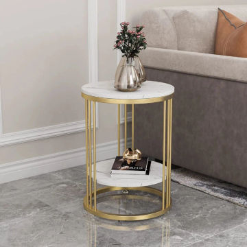 Round Marble Accent Table End 2 Tiers Storage Table Gold Metal Frame Nightstand for Living Room, Bedroom