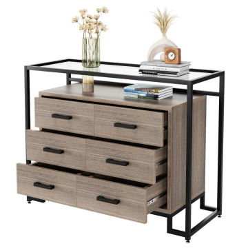 6 Drawer Dresser Wood Dresser Chest with Wide Storage Space Steel Frame Tempered Glass Top Storage Organizer for Bedroom Cabinet