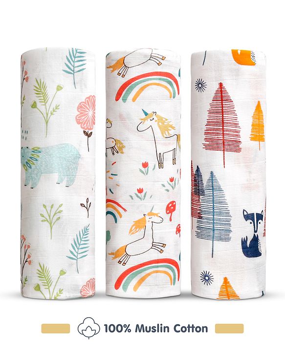 Babyhug 100% Cotton Muslin Swaddle Wraps for New Born Baby (Pack of 3, 85x85 cm)