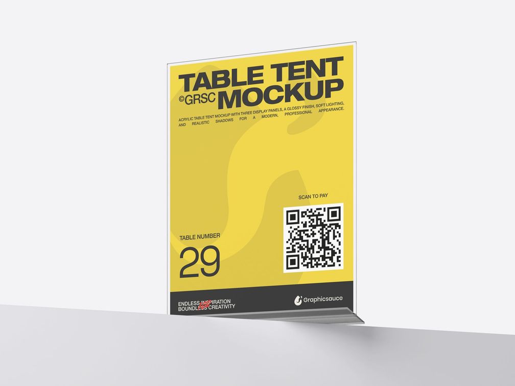 Acrylic Table Tent Mockup Low Angle View Preview 01