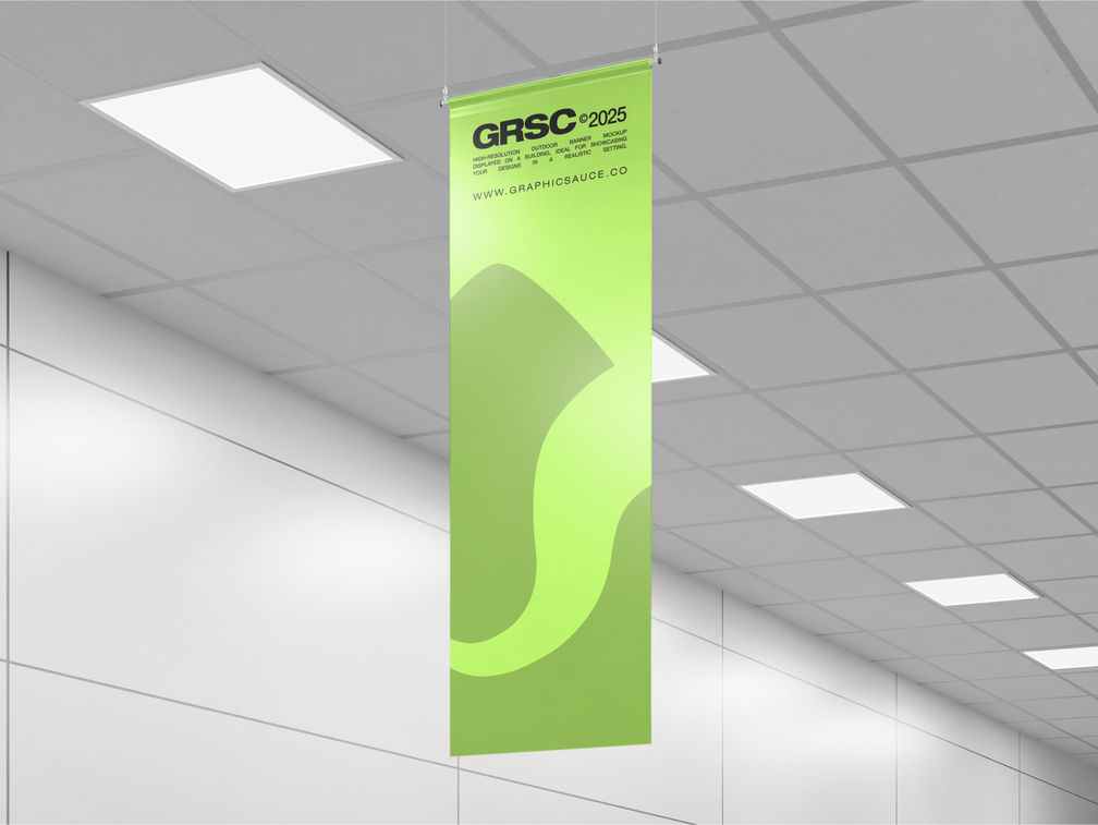 Indoor Hanging Banner Mockup Low Angle View Preview 1