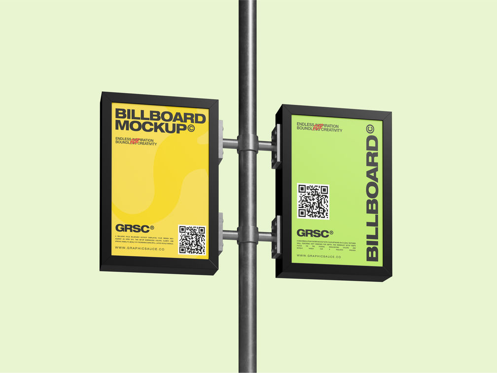 Outdoor Double Billboard Pole Sign Mockup Low Angle View Preview 1