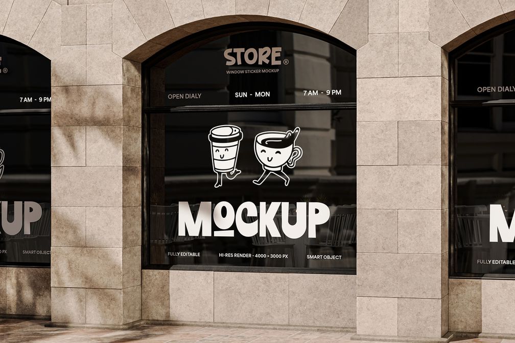 Coffee Shop Store Glass Window Sticker Mockup Right Side View