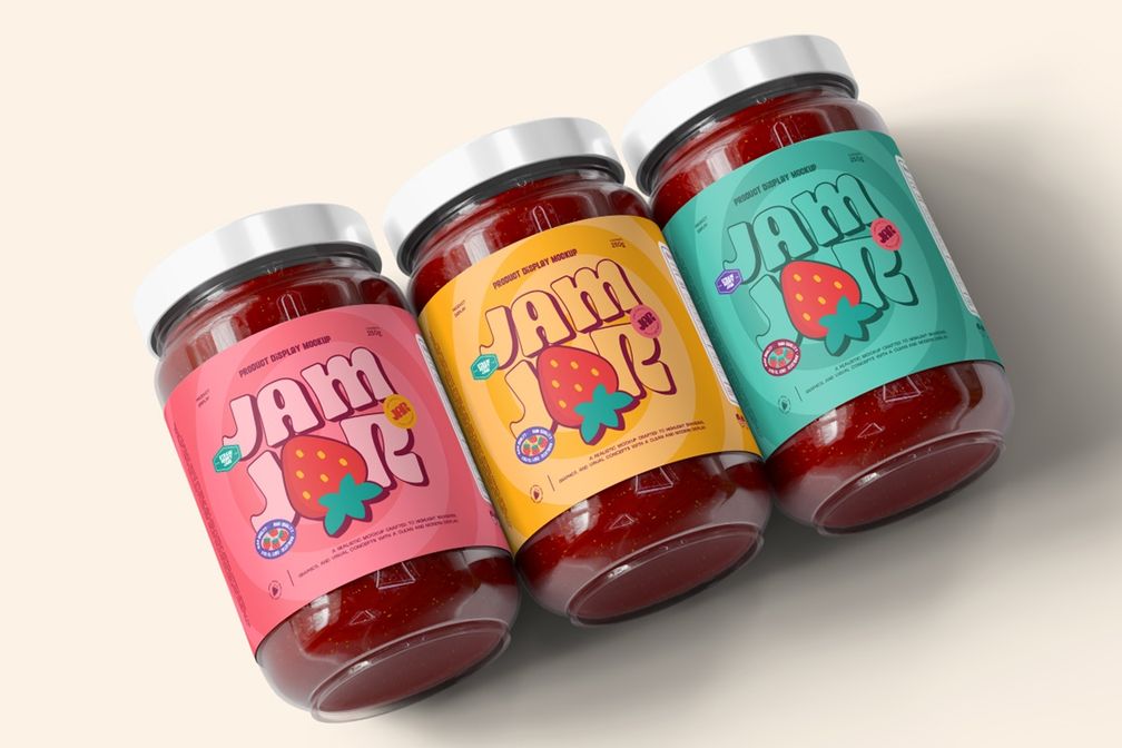 Strawberry Jam Glass Jar Packaging Mockup Top View