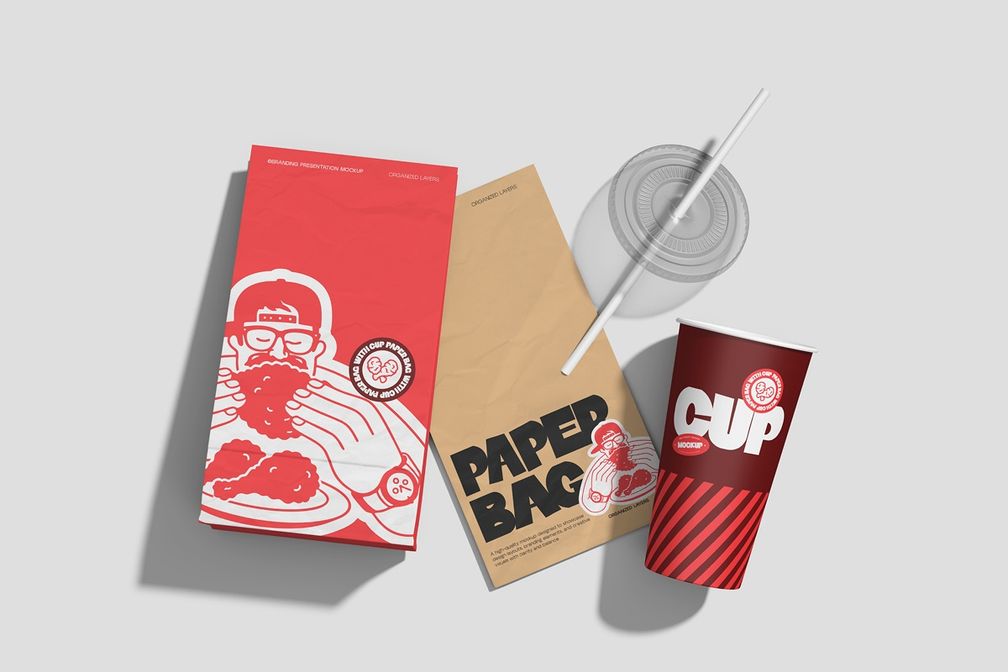 Food Paper Bag And Coffee Cup Packaging Mockup Top View