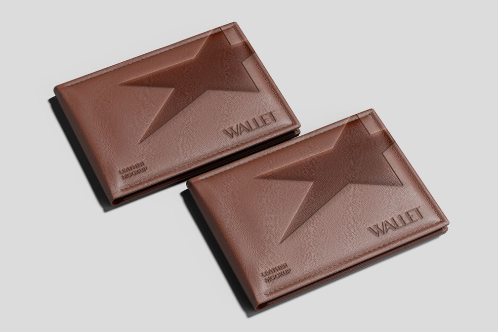 Embossed Leather Bifold Wallet Mockup For Retail Isometric View