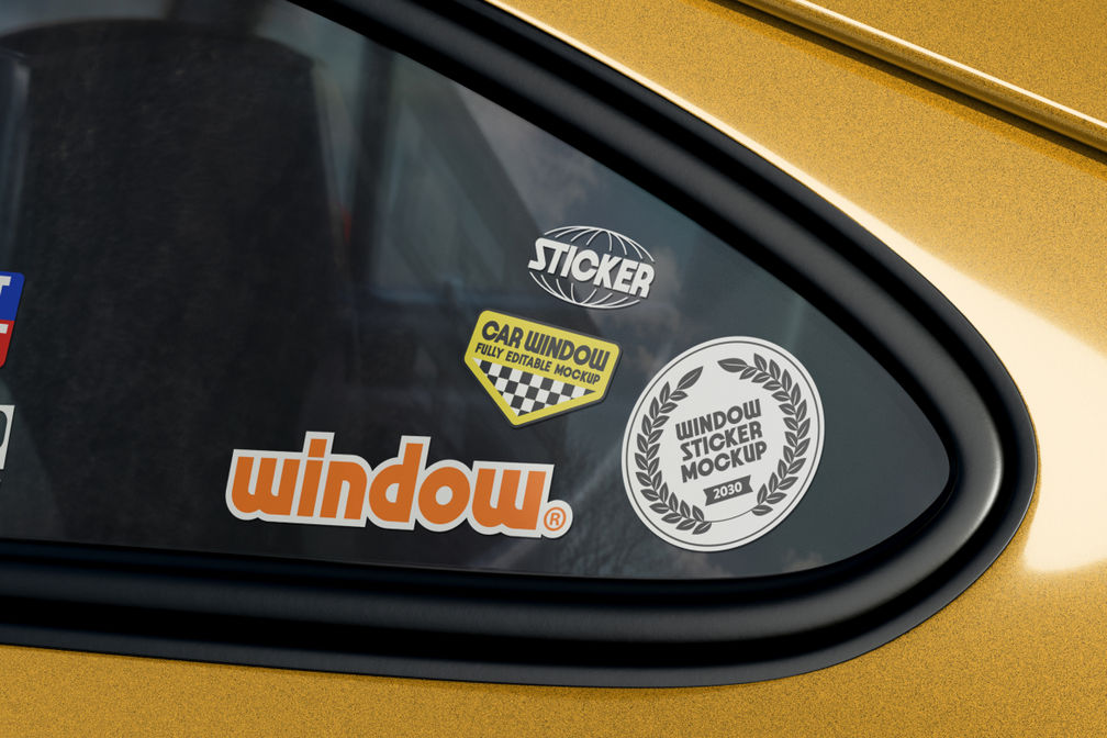 Glossy Window Decal Sticker Mockup For Brands Yellow Car