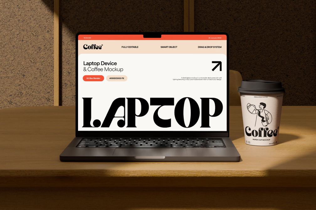 Macbook And Coffee Cup Mockup For Cafe Branding Preview 3