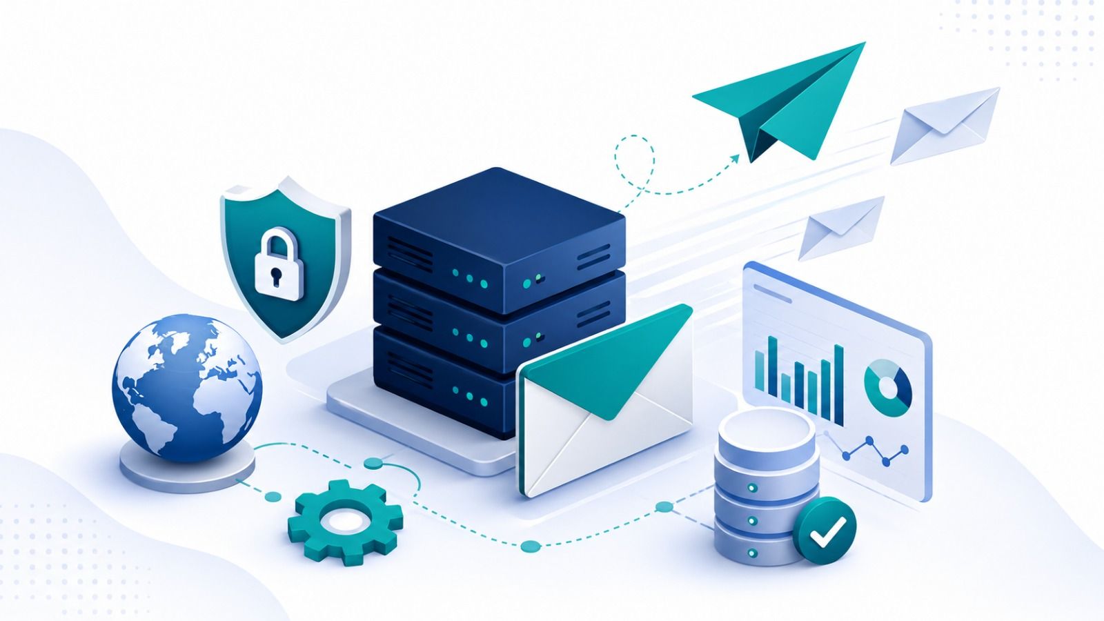 Isometric illustration of a dedicated SMTP server sending secure, high-deliverability bulk email campaigns