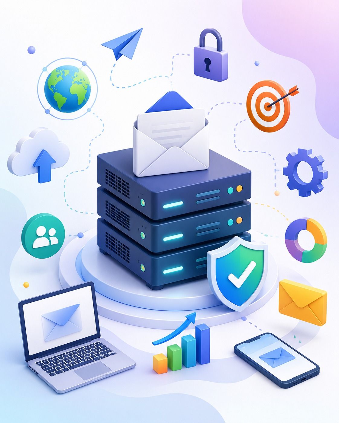 Isometric illustration of a secure, dedicated SMTP server surrounded by email delivery, analytics, and security icons