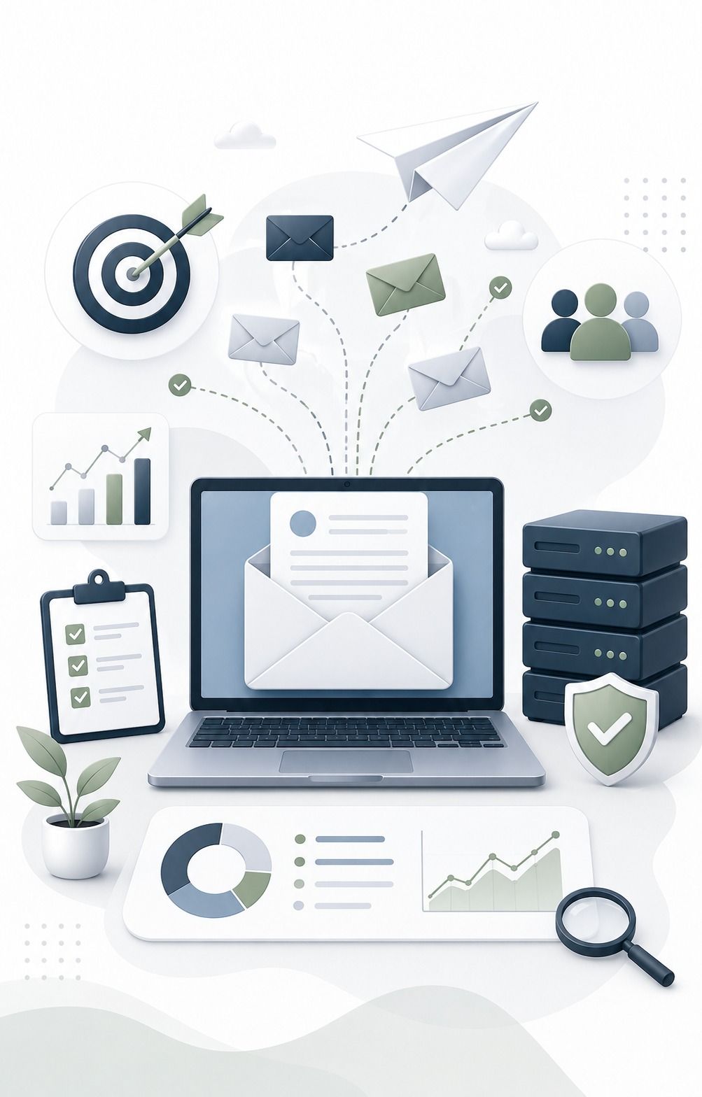 Illustration of a laptop sending bulk email campaigns with analytics, security, and audience-reach icons