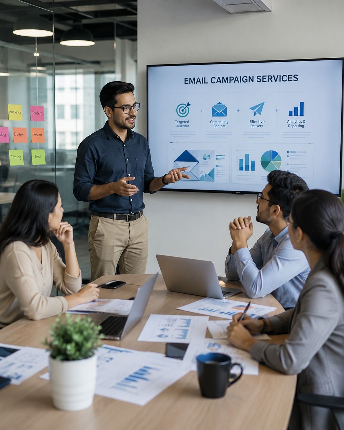 Presenter walking a team through an email campaign services dashboard on a conference room screen