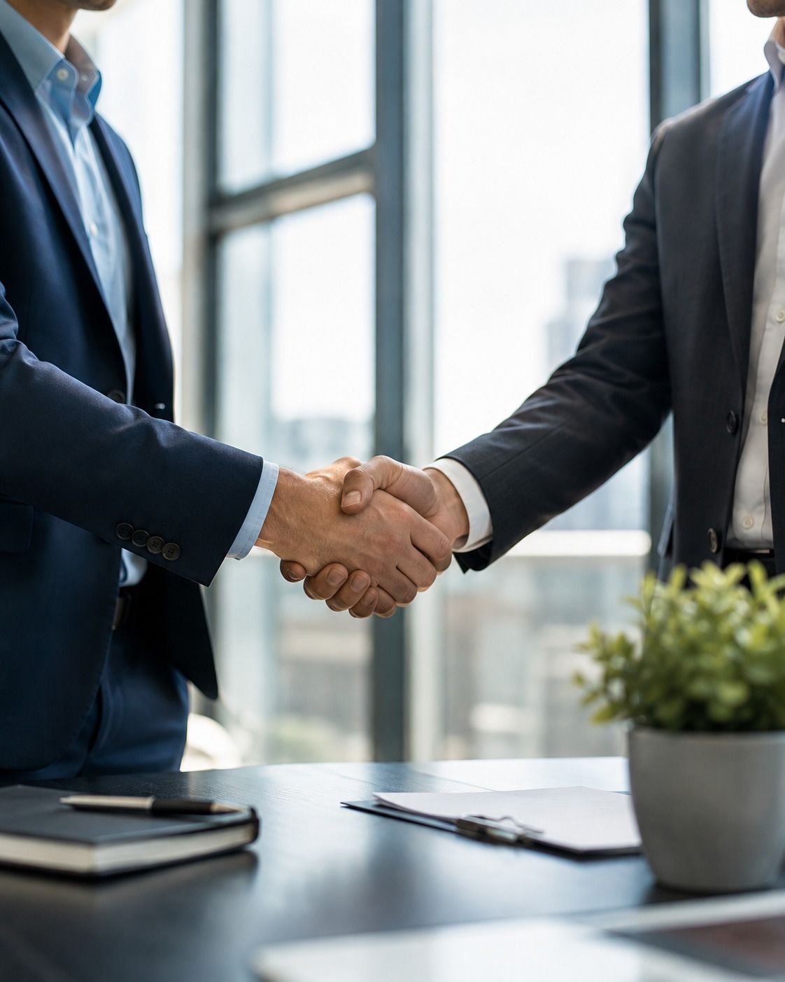 Two business professionals shaking hands over a desk, representing a trusted partnership with SMTPmart