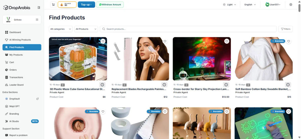 The Droparabia dashboard's Find Products page: a searchable grid of products showing cost and delivery estimates.