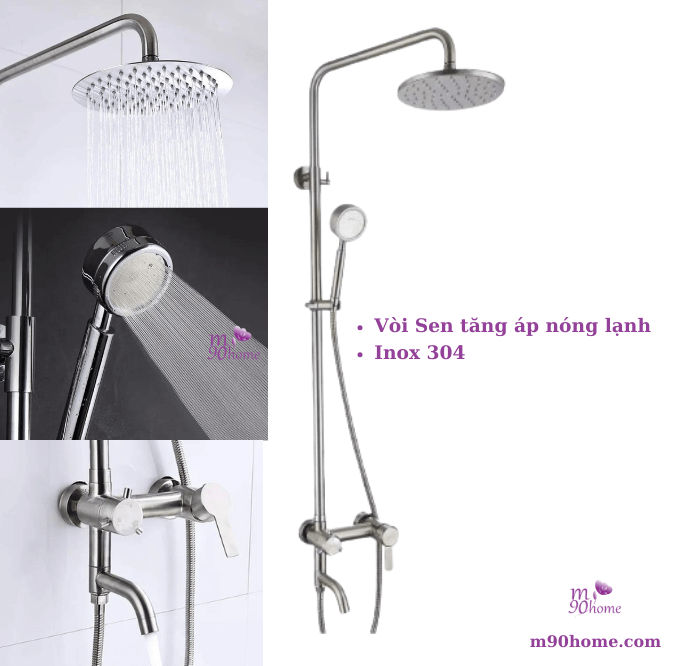 Bộ vòi sen tắm tăng áp lực nước nóng lạnh Inox 304, vòi hoa sen tắm đứng tăng áp