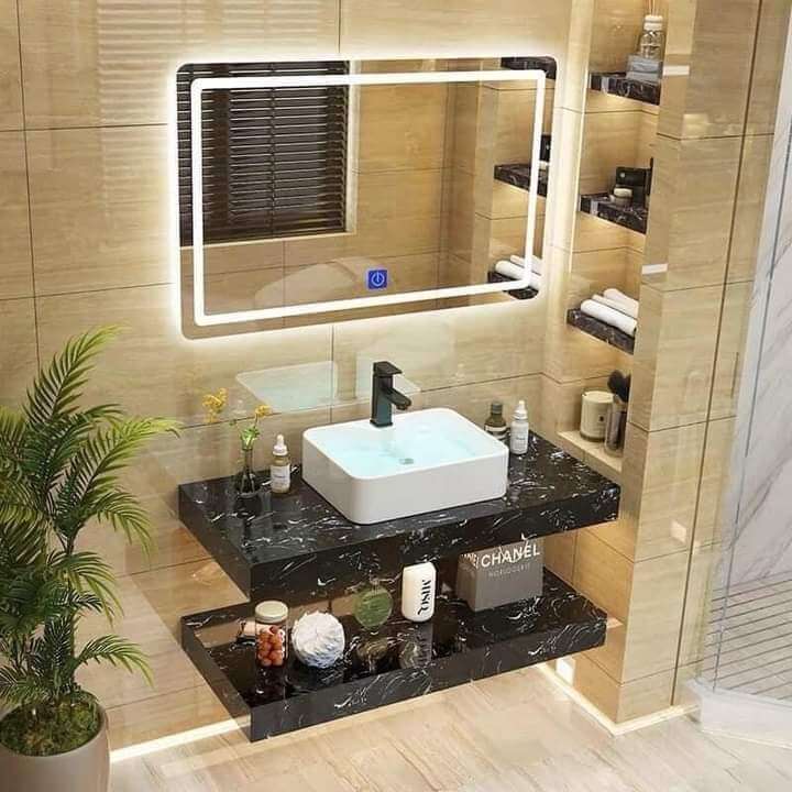 Bộ bàn đá lavabo đặt bàn đen 2 tầng L368