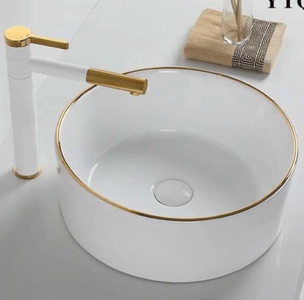 Lavabo tròn trắng viền vàng H49