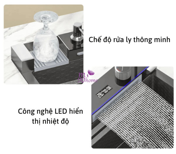 Bồn rửa áp dụng công nghệ LED hiển thị nhiệt độ và rửa ly cao cấp