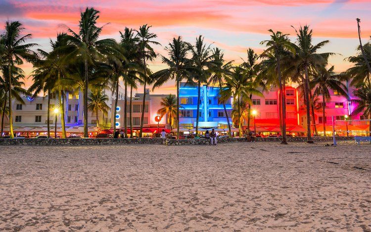 Neon lighted hotels on South Beach's Ocean Drive